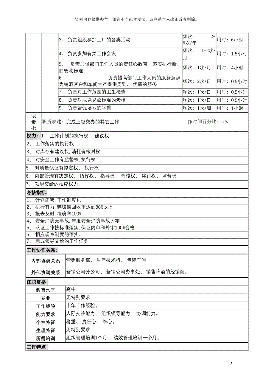 啤酒企业瓶场主任岗位说明书.doc_第3页