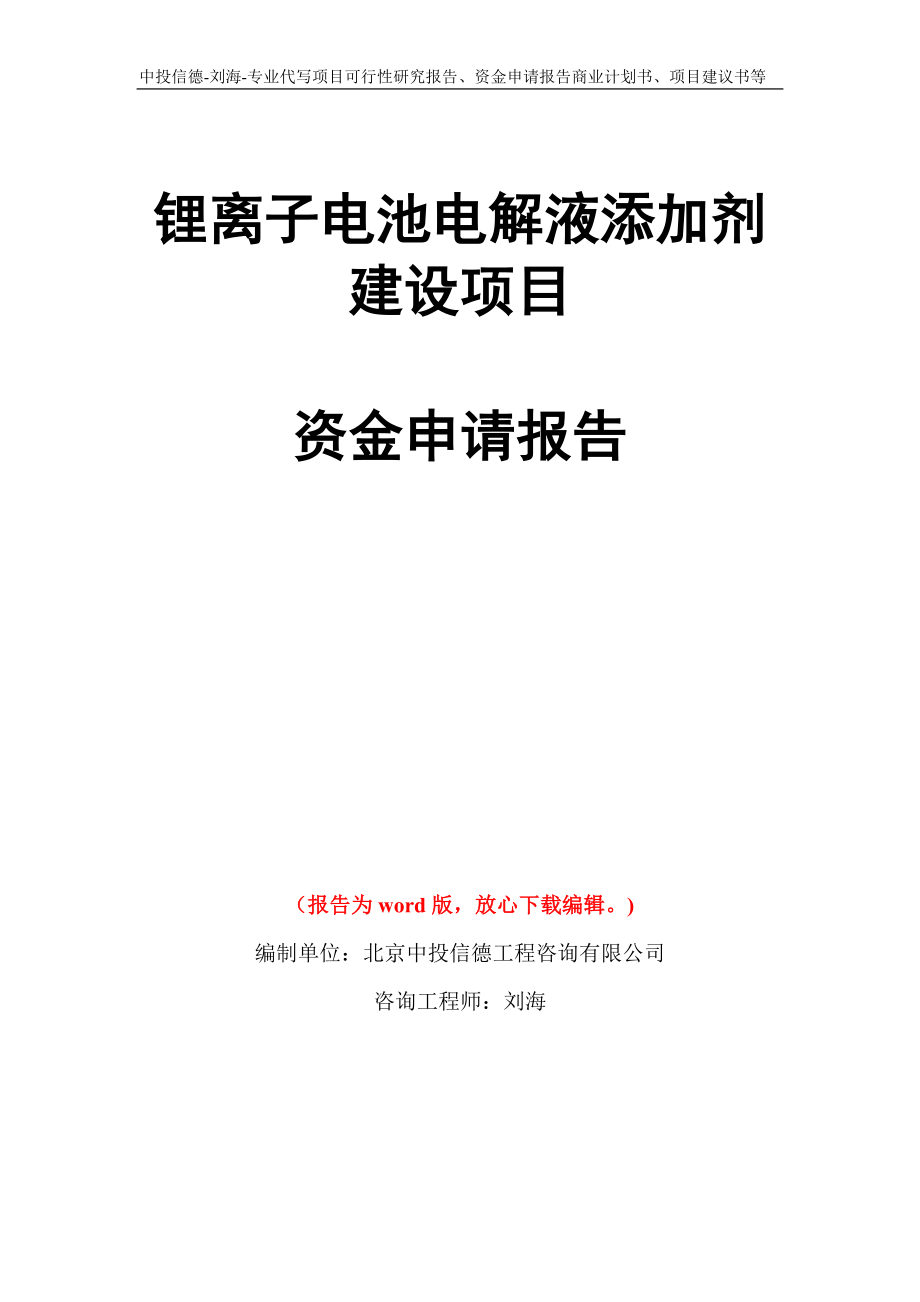 锂离子电池电解液添加剂建设项目资金申请报告写作模板代写_第1页