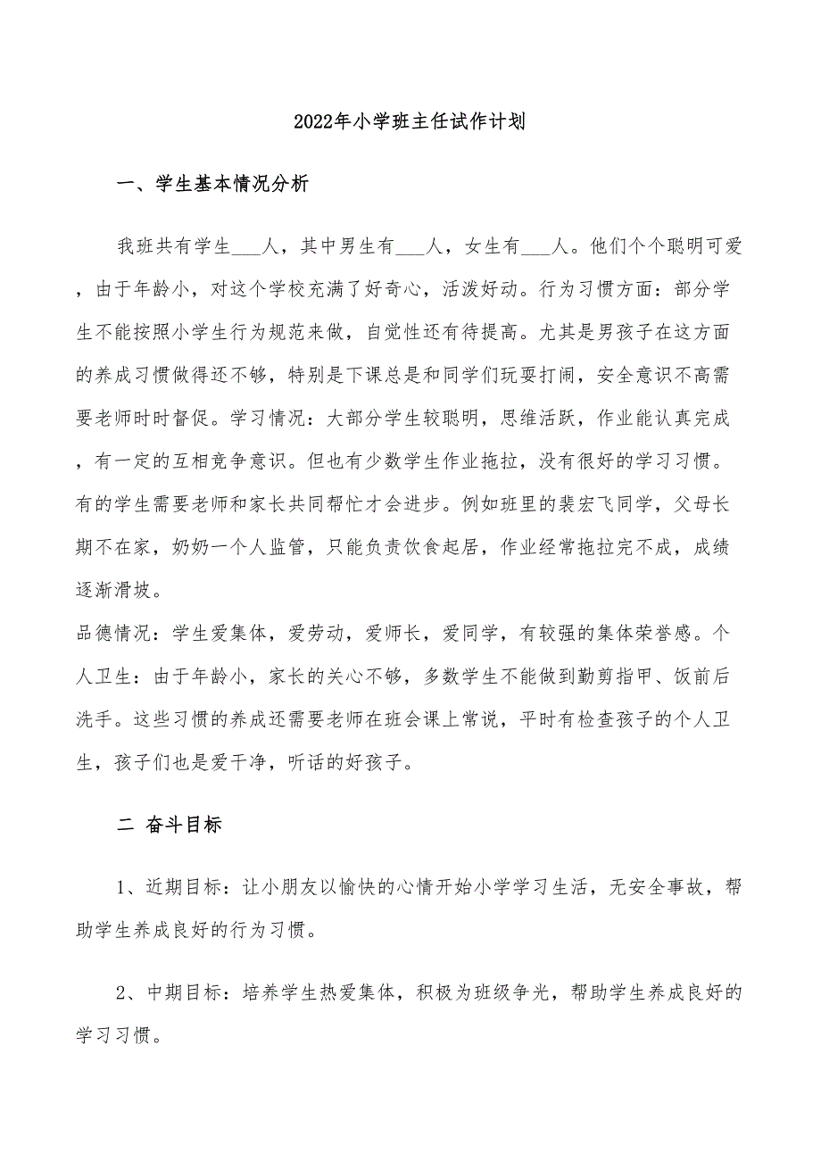 2022年小学班主任试作计划_第1页