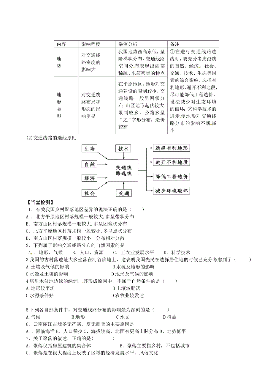 精品中图版地理必修一：4.1地形对聚落及交通线路分布的影响导学案_第4页