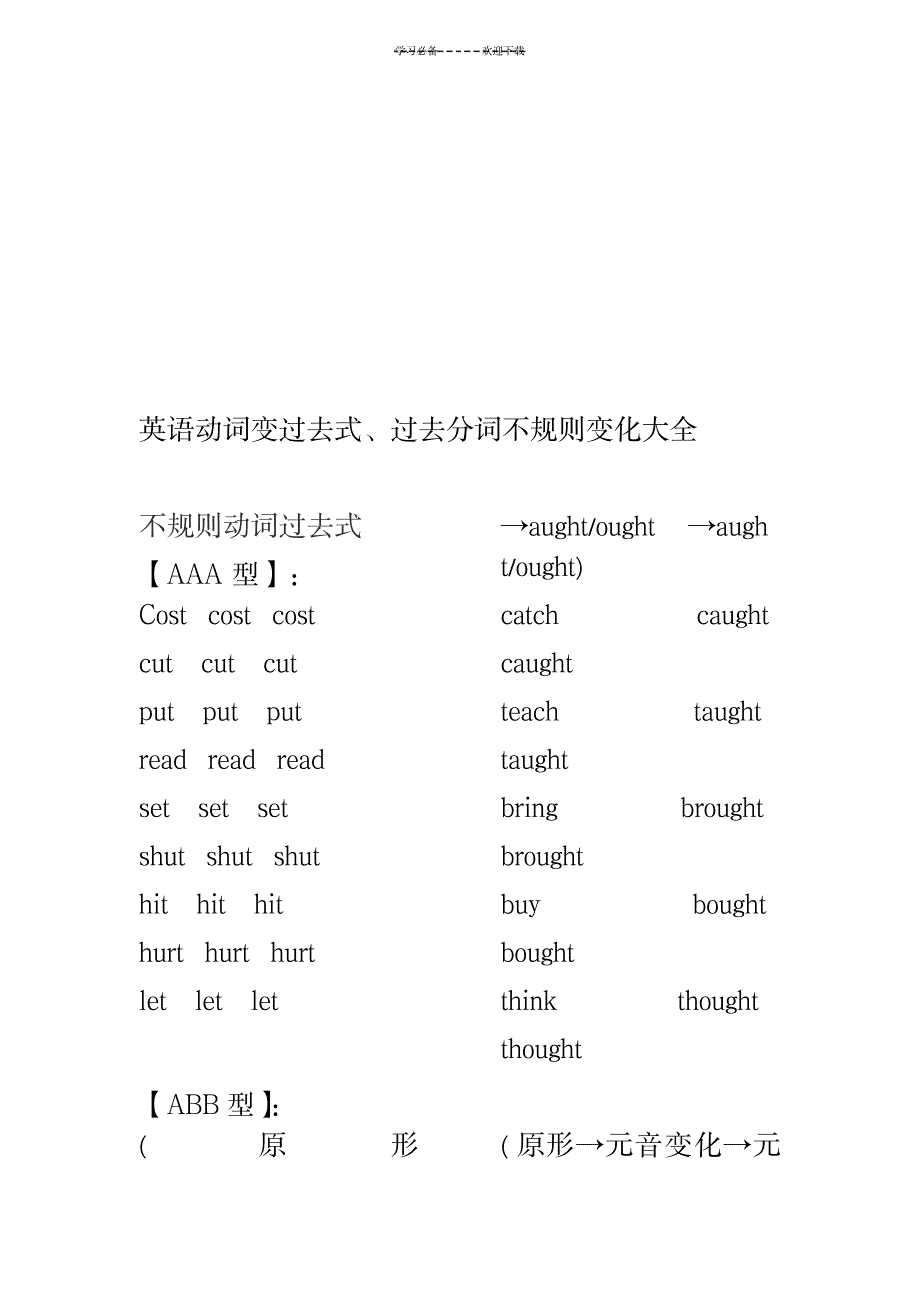 英语动词变过去式、过去分词不规则变化大全_外语学习-语法_第1页