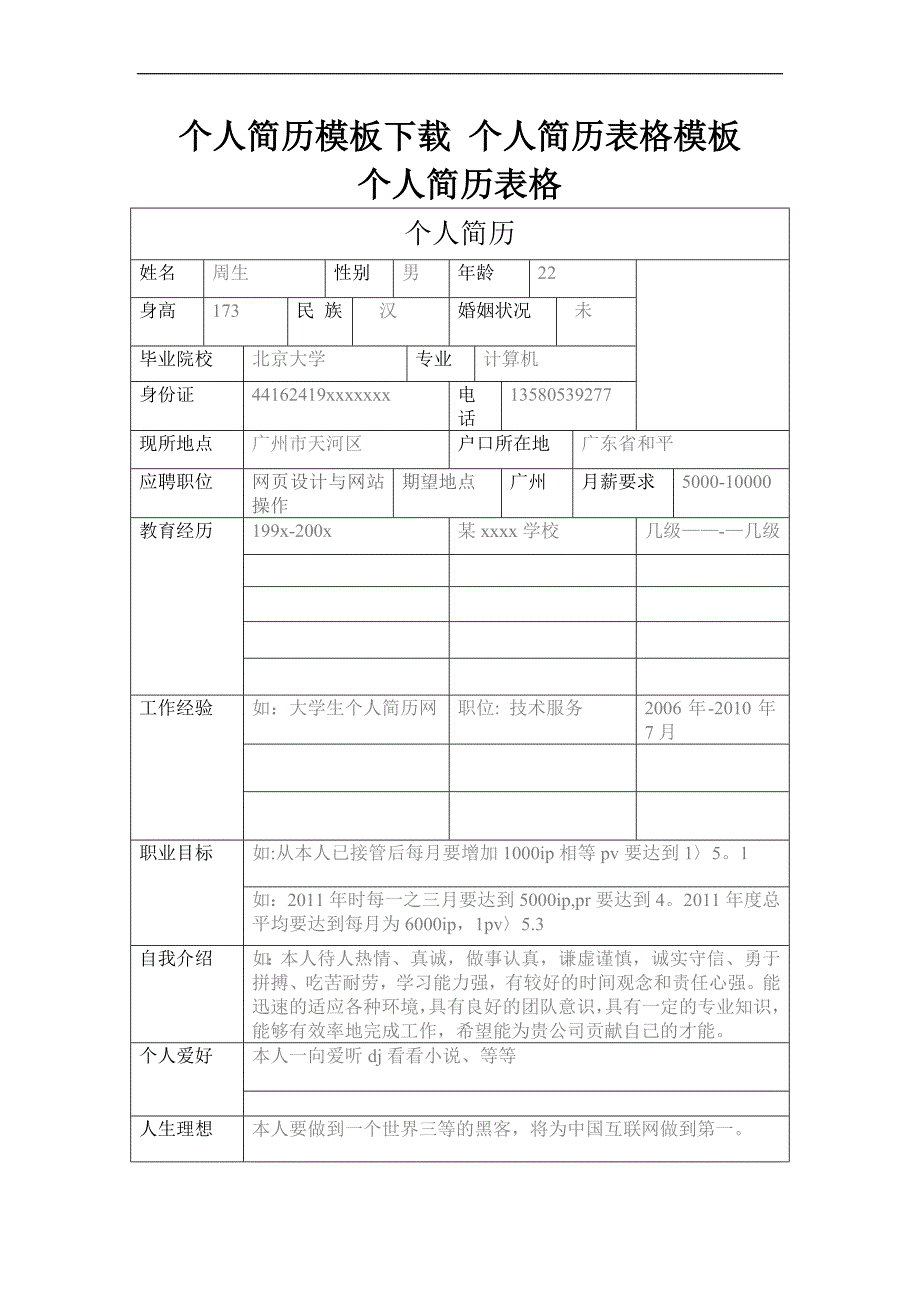 大学生个人简历模板个人简历表格模板_第1页