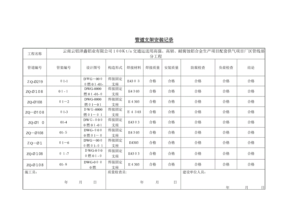管道支吊架安装记录_第1页
