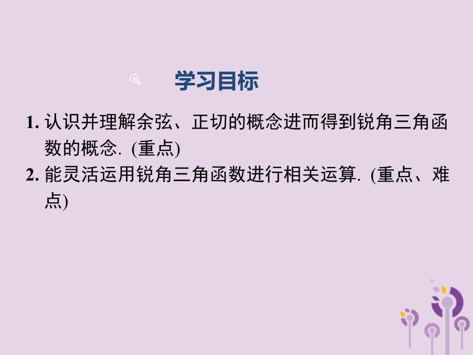 2019春九年级数学下册 第二十八章 锐角三角函数 28.1 锐角三角函数 第2课时 余弦函数和正切函数课件 （新版）新人教版_第2页