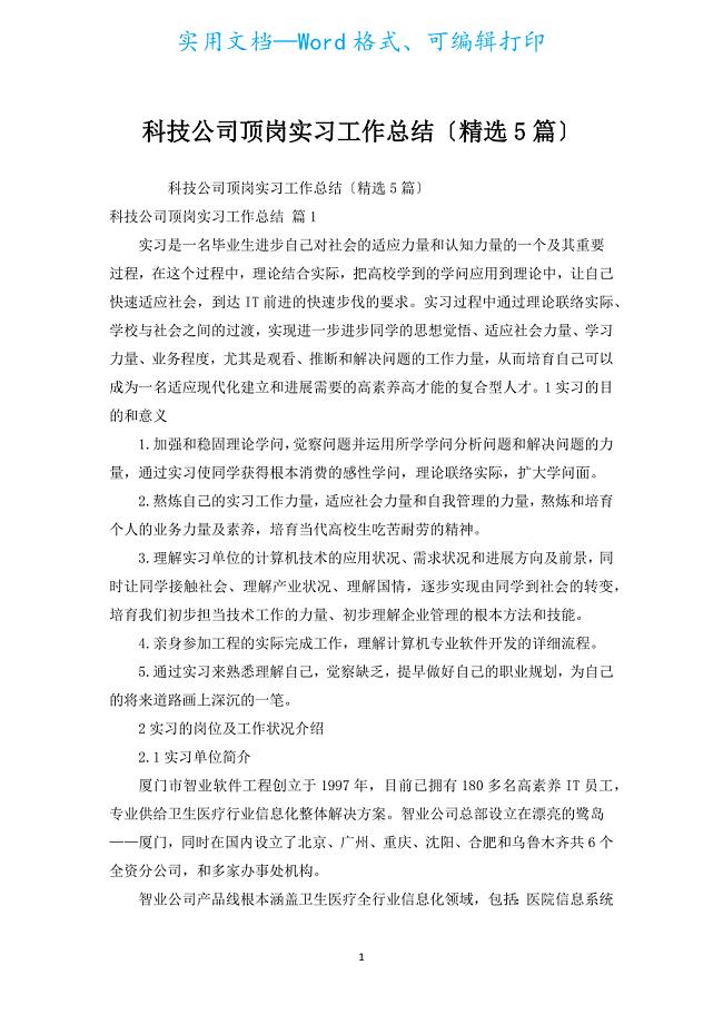 科技公司顶岗实习工作总结（汇编5篇）.docx