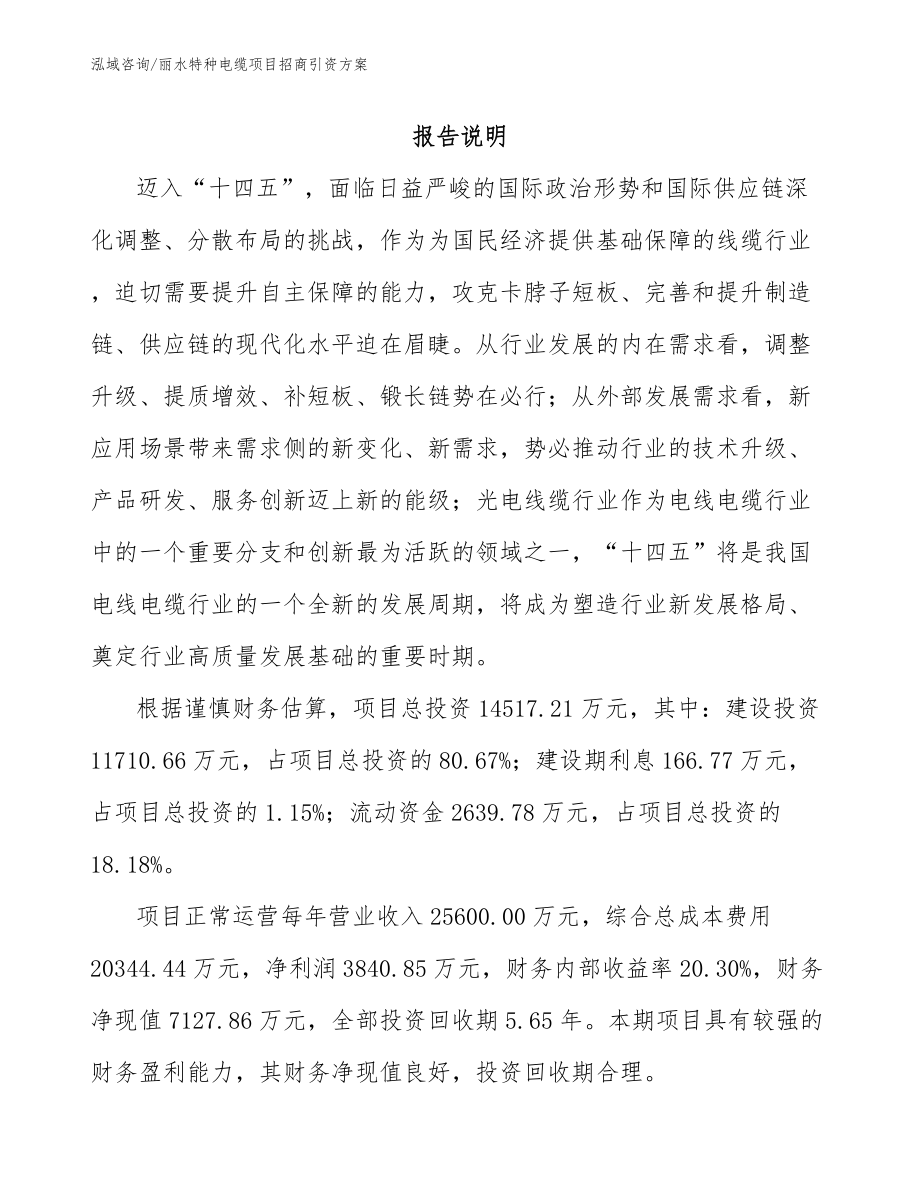 丽水特种电缆项目招商引资方案_第1页