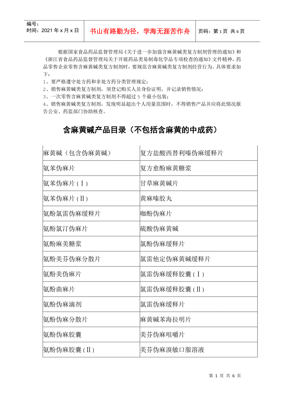 含麻黄碱产品目录-南湖区食品药品安全信息网欢迎您！_第1页