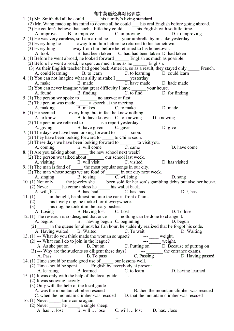 高中英语典型陷阱题对比练习100例_第1页