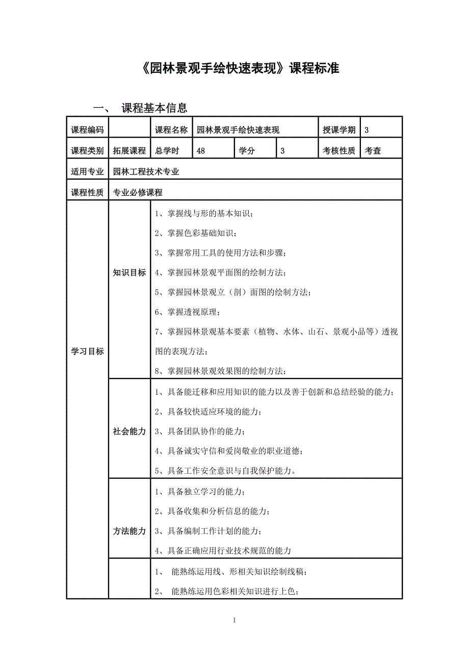 《园林景观手绘快速表现》课程标准--刘学锋_第1页