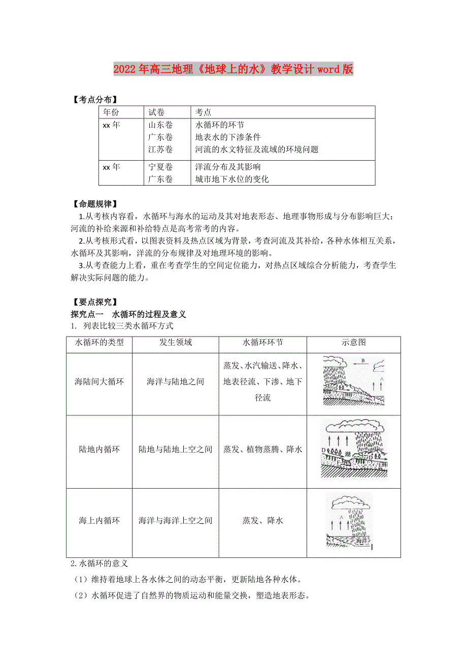 2022年高三地理《地球上的水》教学设计word版_第1页