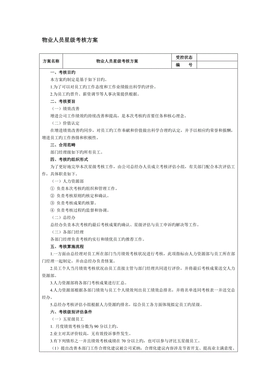 物业人员星级考核专题方案_第1页