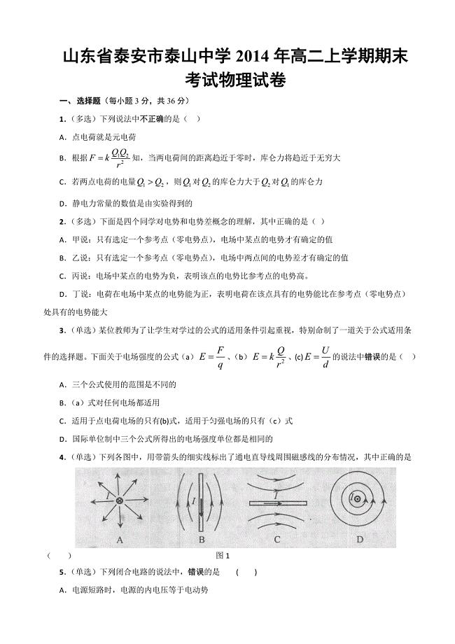 山东省泰安市泰山中学2014年高二上学期期末考试物理试卷.doc