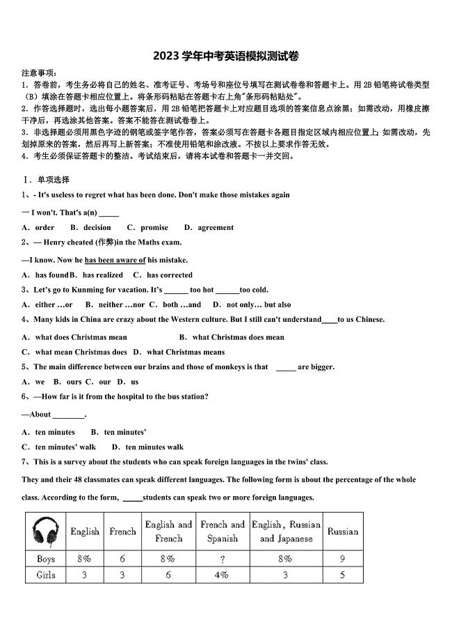 2023学年湖南省长沙市明德华兴中学十校联考最后英语试题(含答案解析）.doc