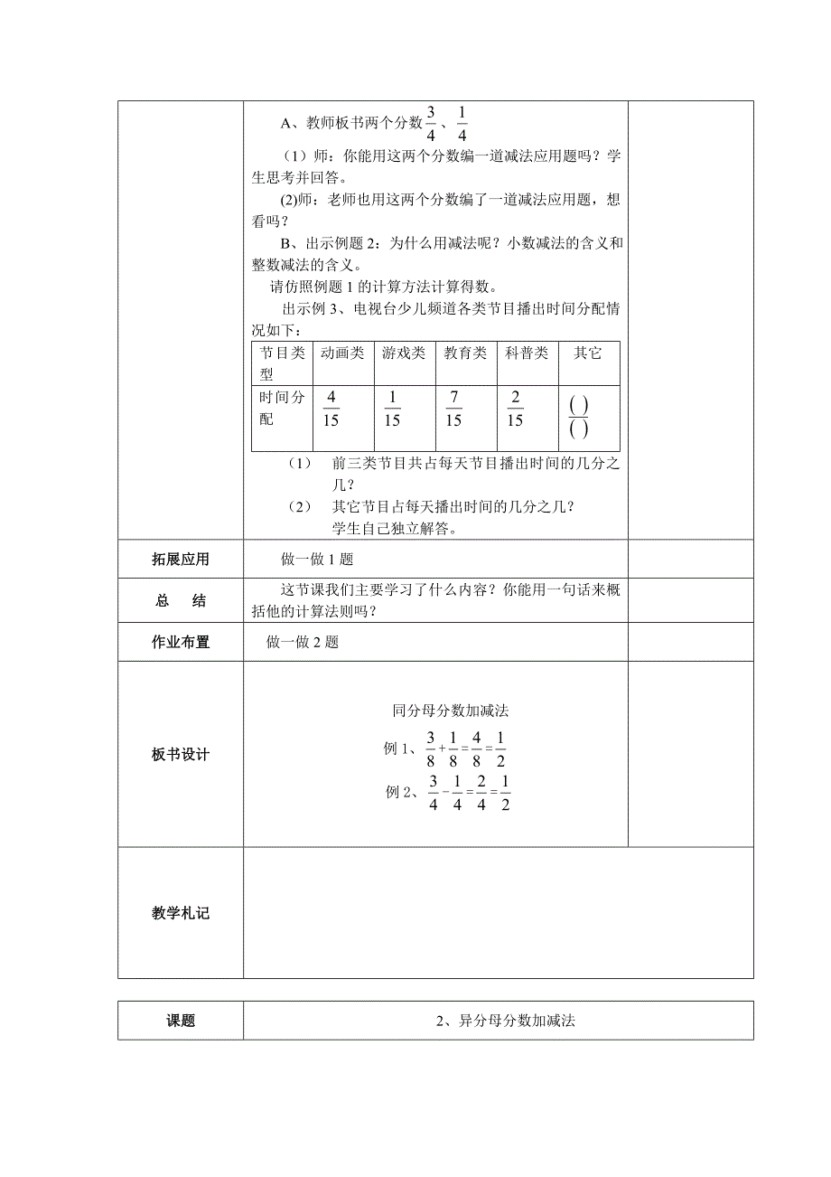 人教版五年级数学下册第6单元《分数的加法与减法》教案表格式.doc_第2页