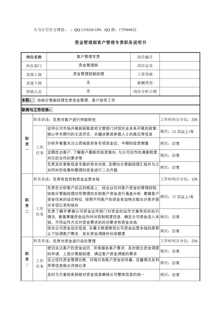 某投资公司资金管理部客户管理专责职务说明书_第1页