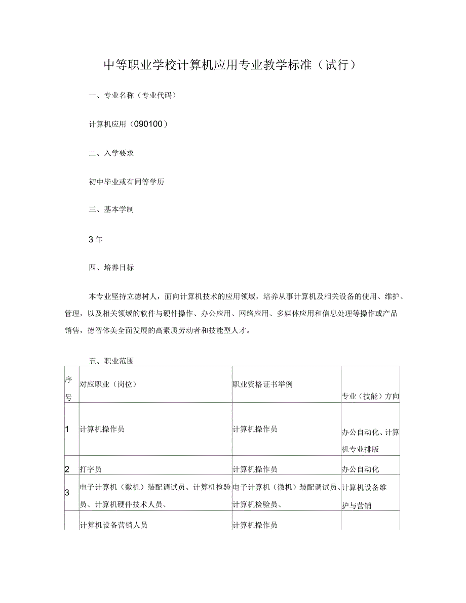 中等职业学校计算机应用专业教学标准_第1页