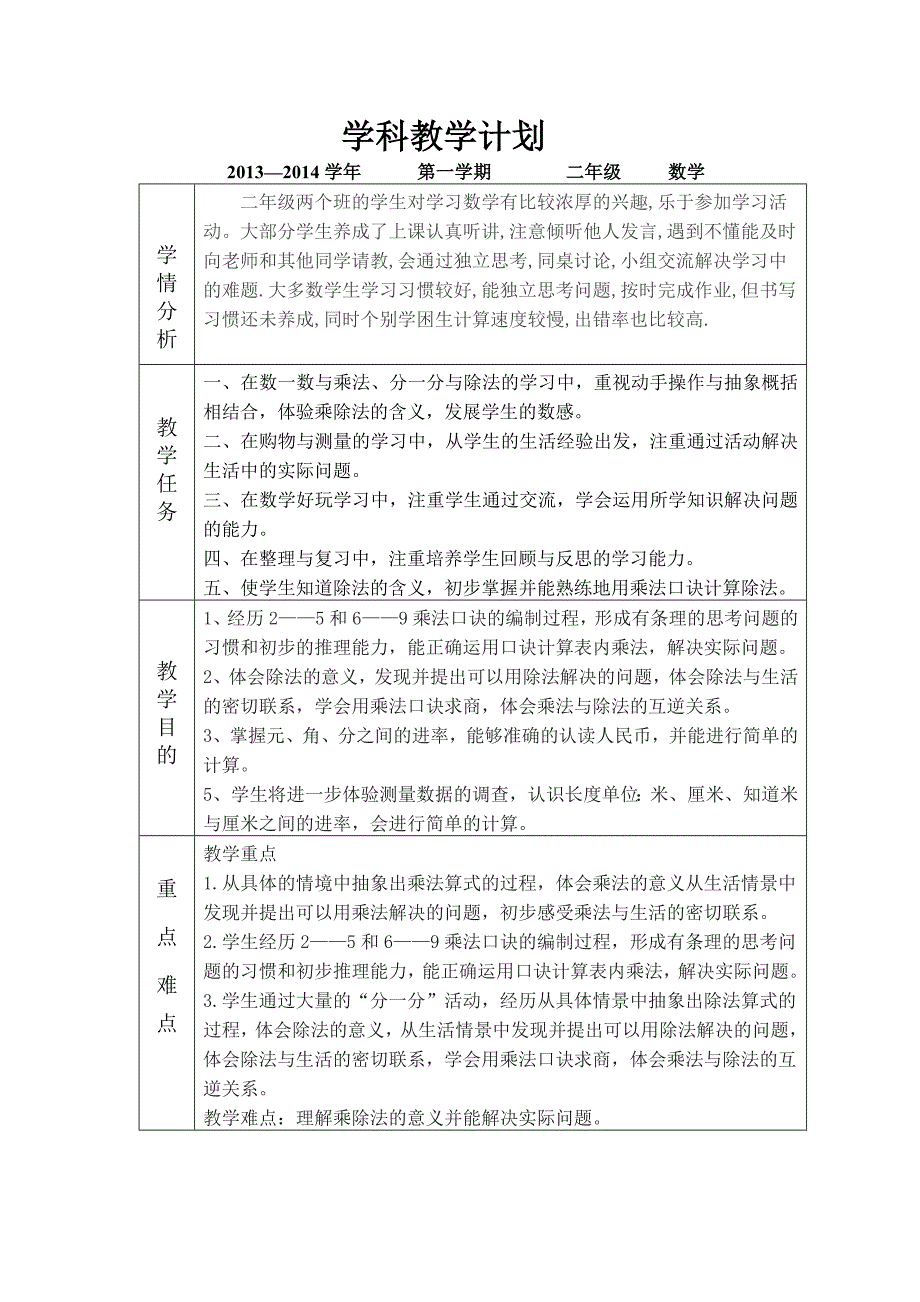 二年级数学上册学科计划_第2页