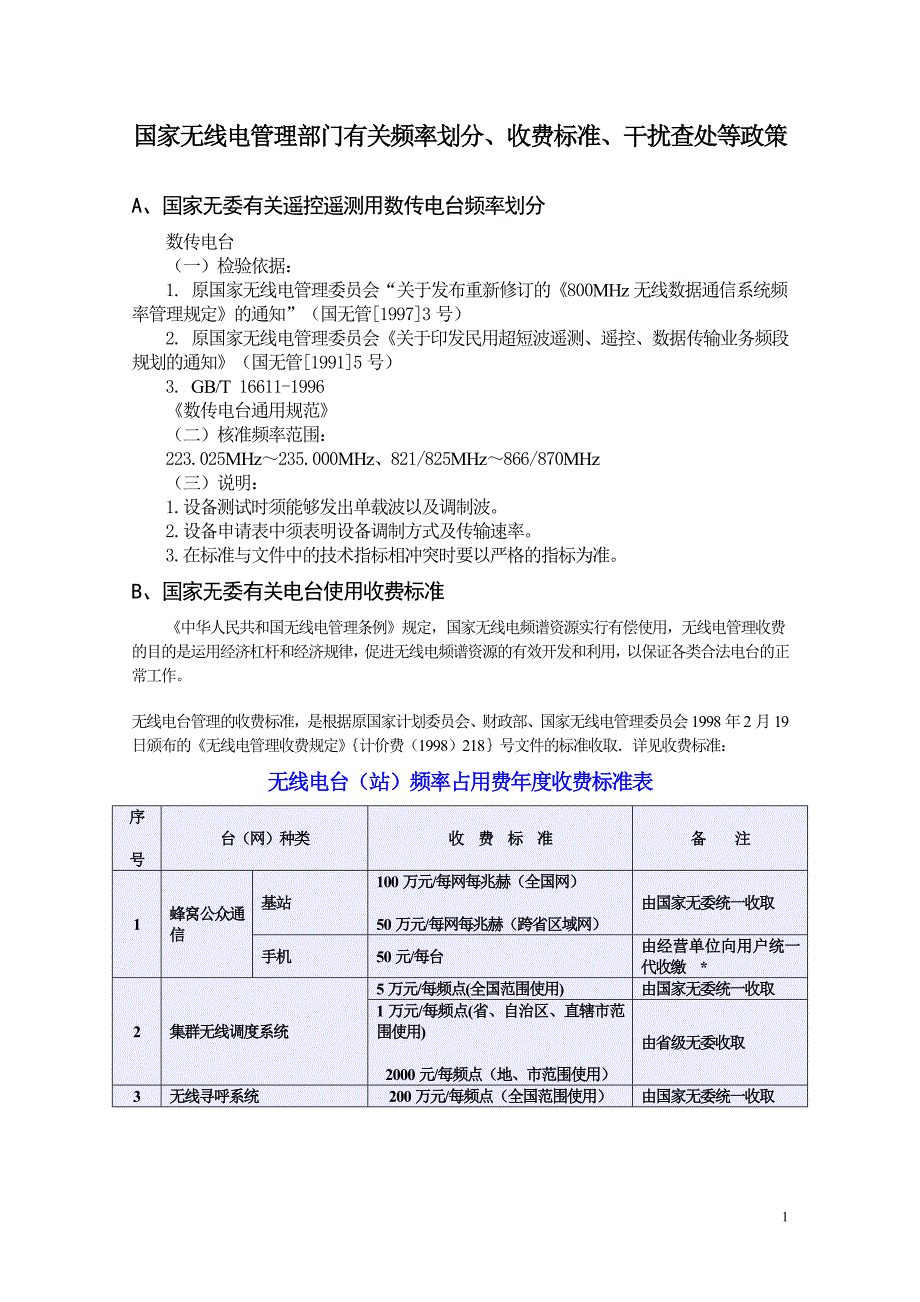 A. 国家无线电管理部门有关频率划分、收费标准、干扰查处等政策_第1页