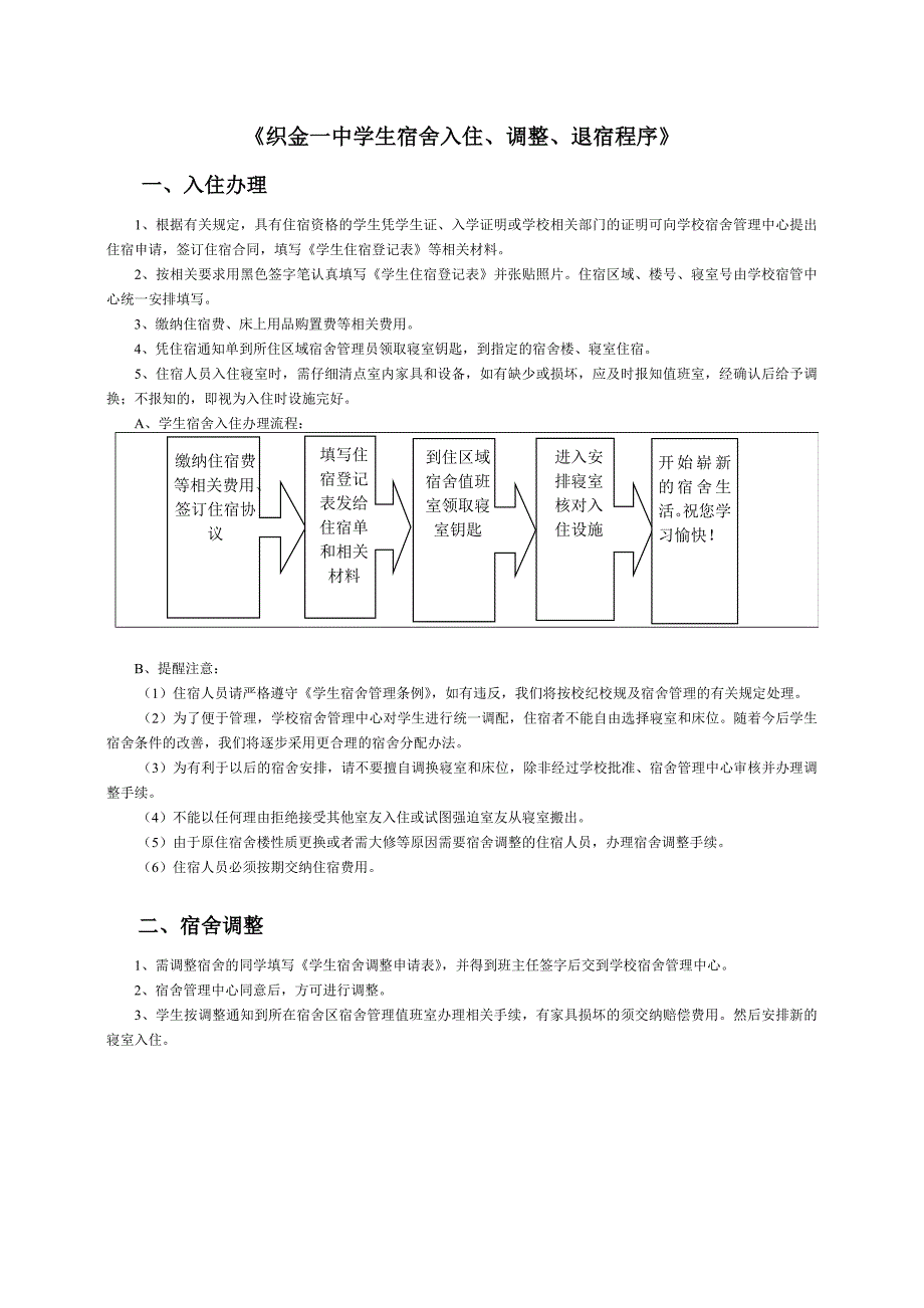 织金一中学生宿舍入住、调整、退宿程序(定稿)_第1页