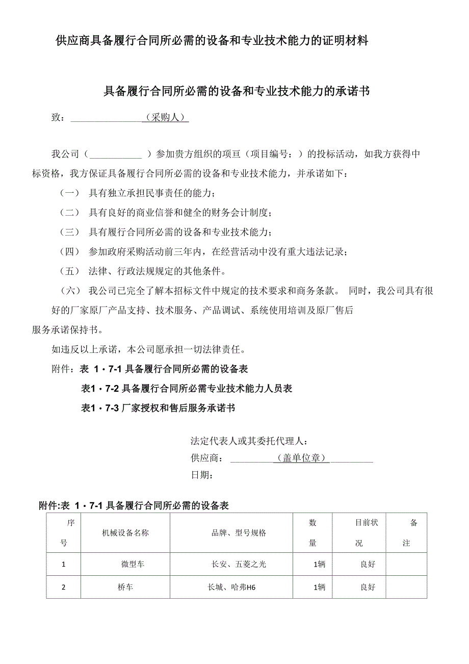 供应商具备履行合同所必需的设备和专业技术能力的证明材料_第1页