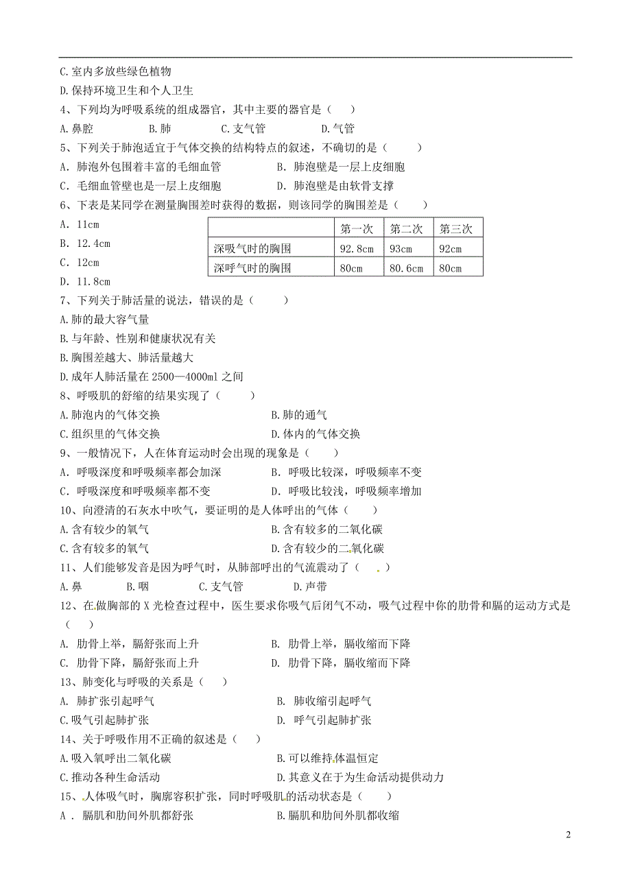 山东省临沂市兰山区义堂中学七年级生物下册 第三章 人体的呼吸复习导学案（4）（无答案）（新版）新人教版.doc_第2页