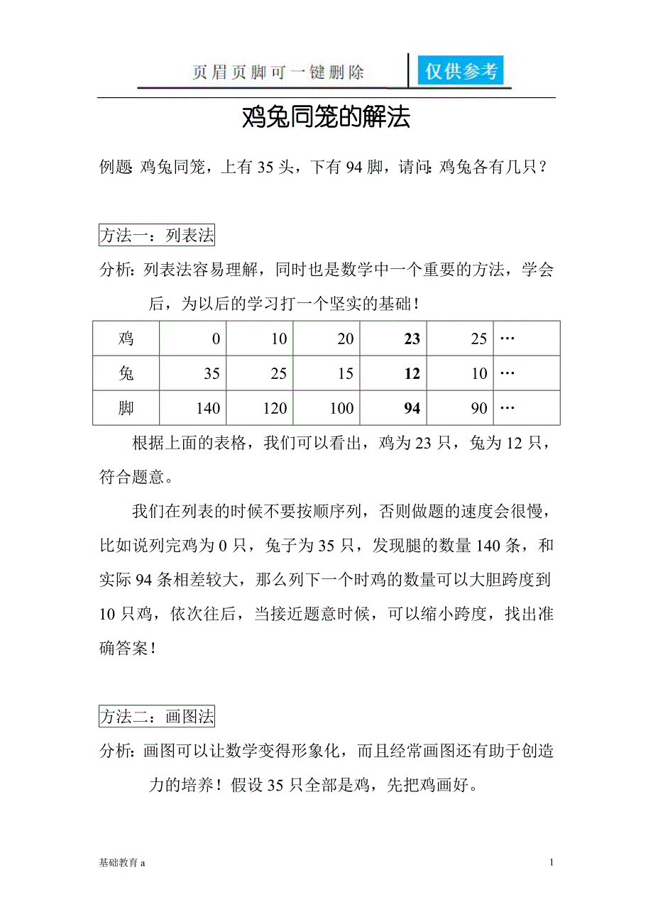 鸡兔同笼的解法[教育材料]_第1页