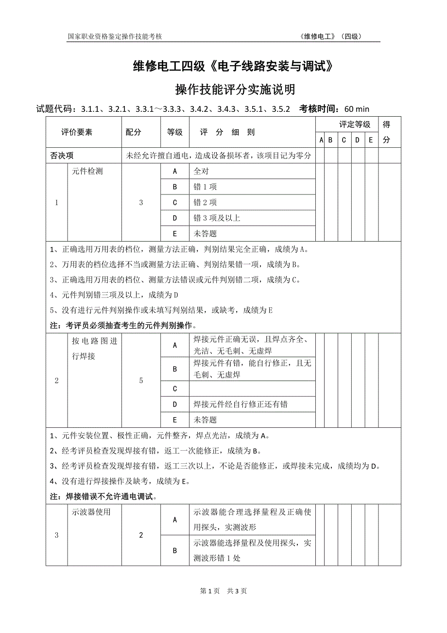 上海市(2012年)维修电工4级电子技术1评分实施说明.doc_第1页