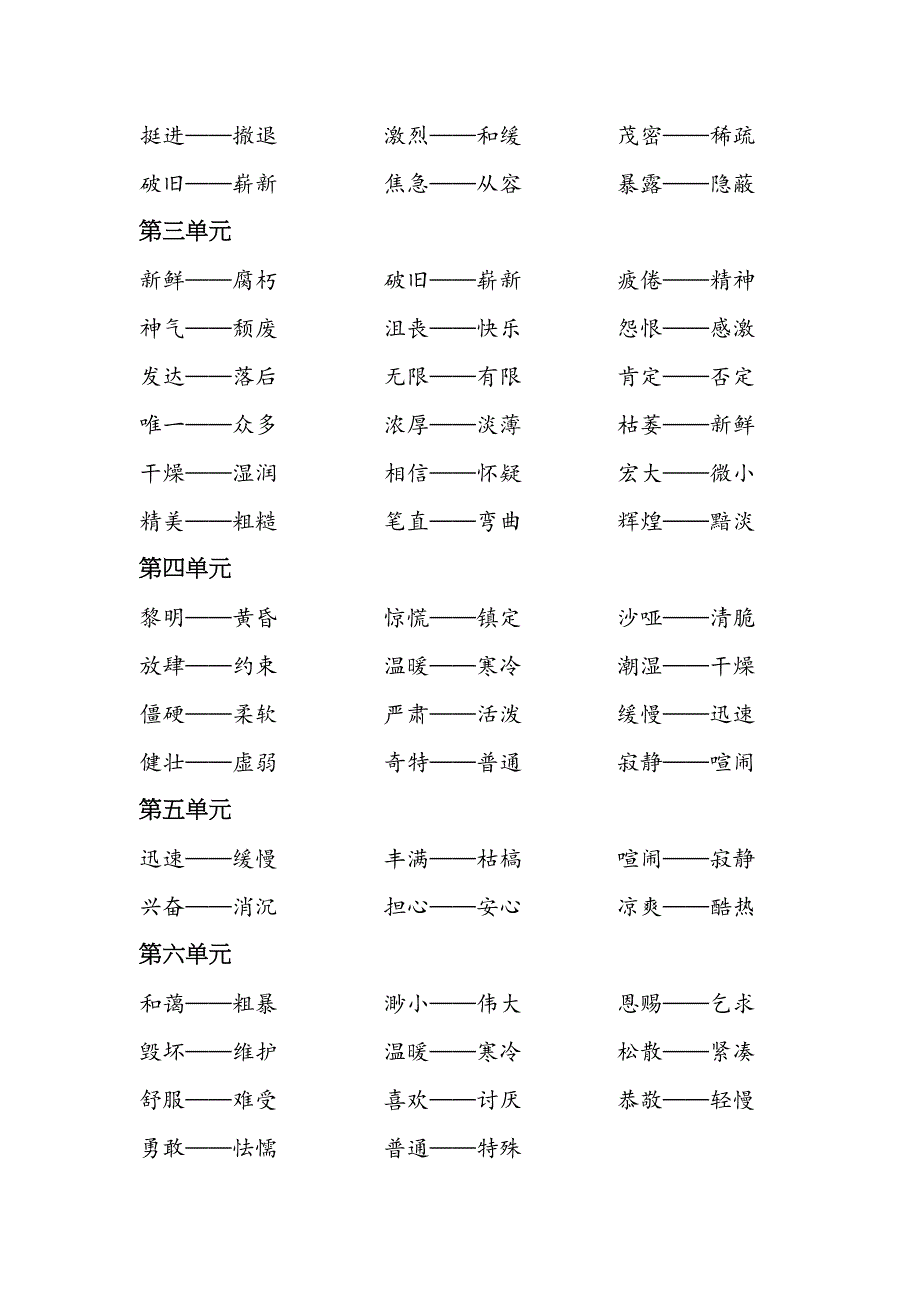 部编版语文六年级上册“近义词与反义词”汇总(DOC 5页)_第4页