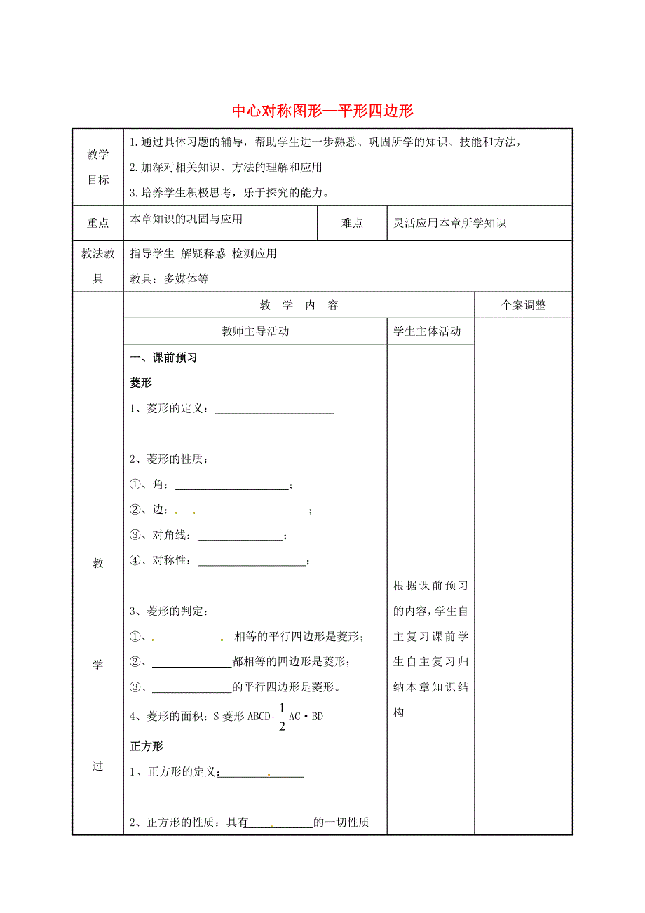 八年级数学下册第九章中心对称图形平形四边形小结与思考第3课时教案苏科版_第1页