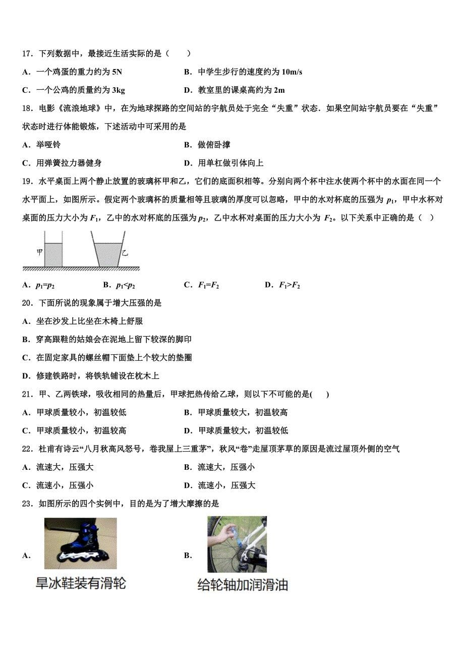 湖北省武汉市武汉外学校2023学年物理八下期末监测模拟试题（含解析）.doc_第5页