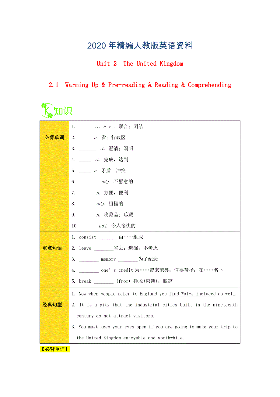 高中英语专题Unit2TheUnitedKingdom1WarmingUpPrereadingReadingComprehending试题含解析人教版必修_第1页