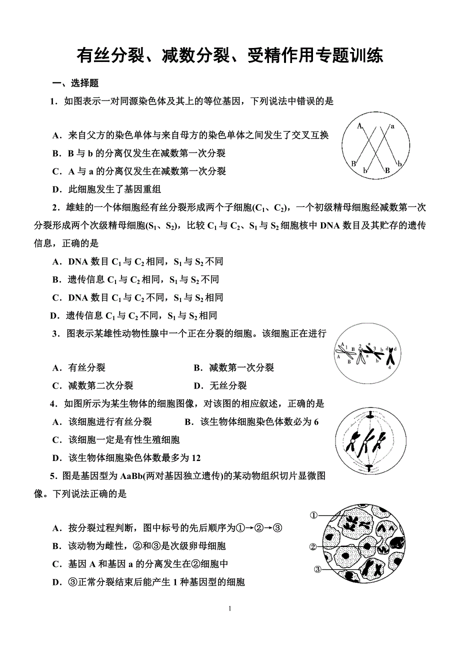 有丝分裂减数分裂受精作用专题训练_第1页