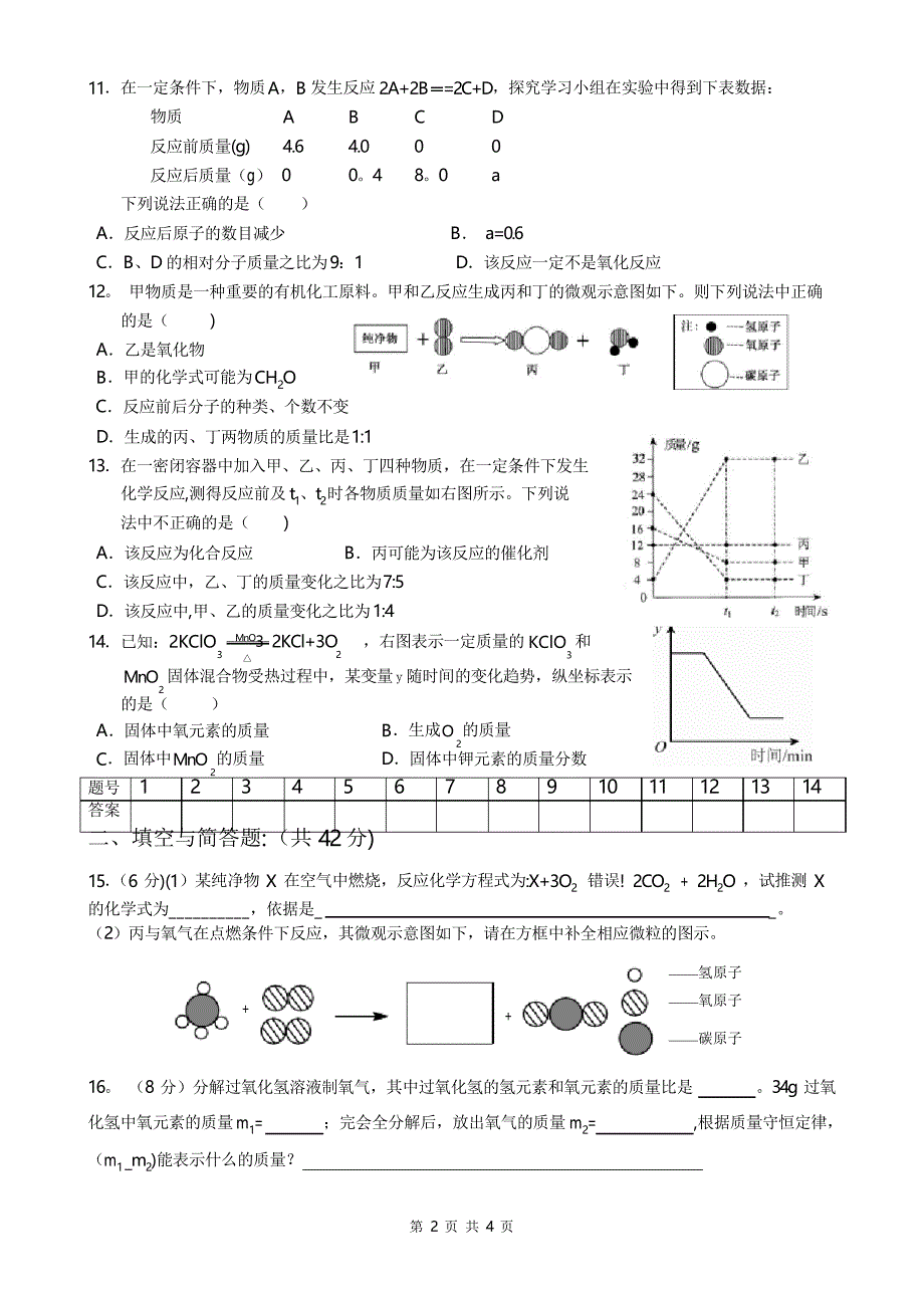 人教版九年级化学第五单元《质量守恒定律》测验卷_第2页