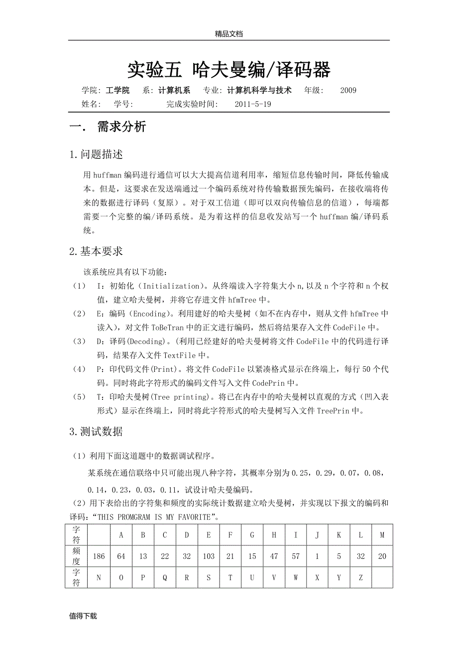 哈夫曼编译码器实验报告_第1页