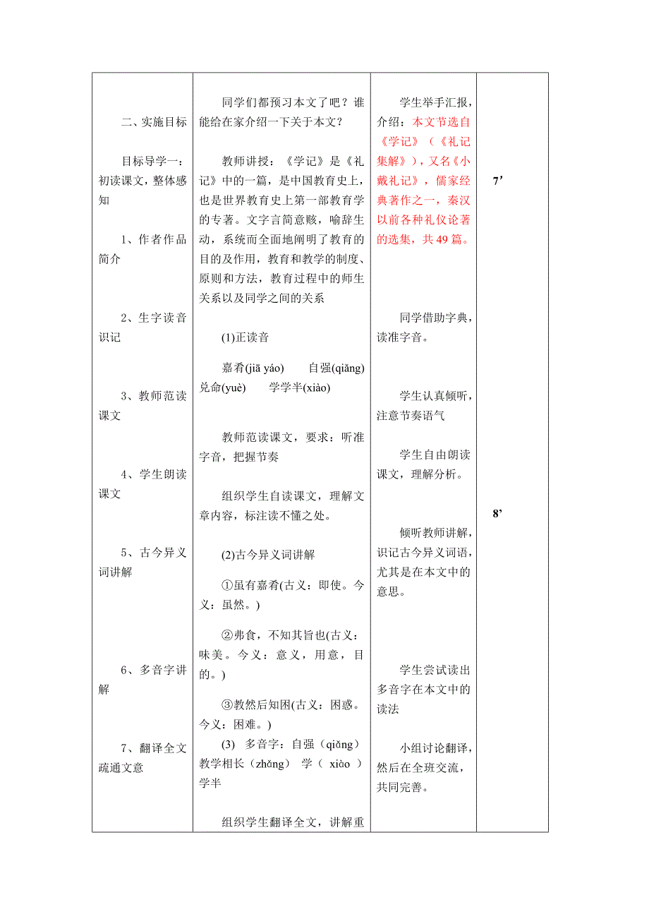 最新部编人教版八年级语文下册第六单元22礼记二则虽有嘉肴教案(表格式)_第3页