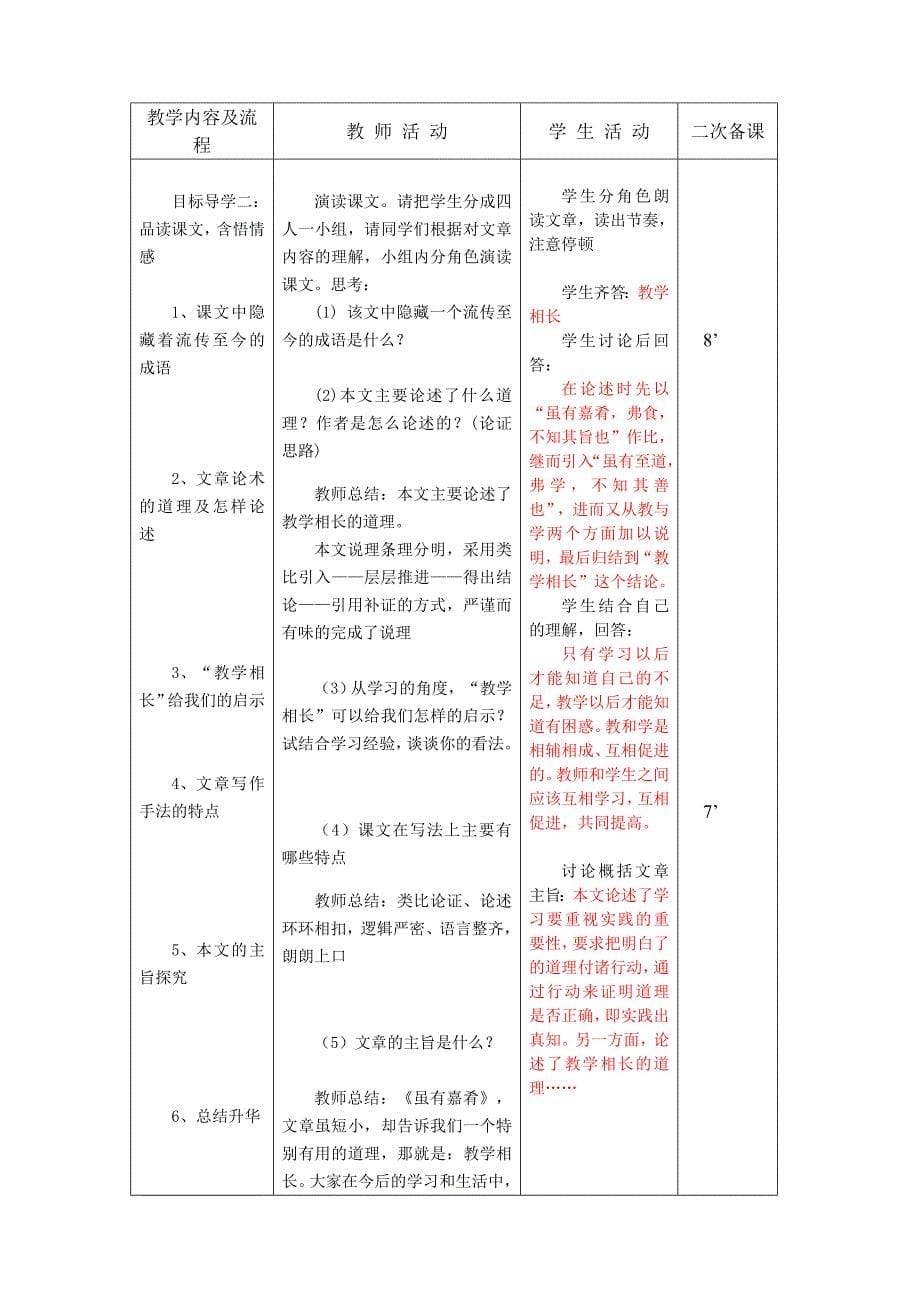 最新部编人教版八年级语文下册第六单元22礼记二则虽有嘉肴教案(表格式)_第5页