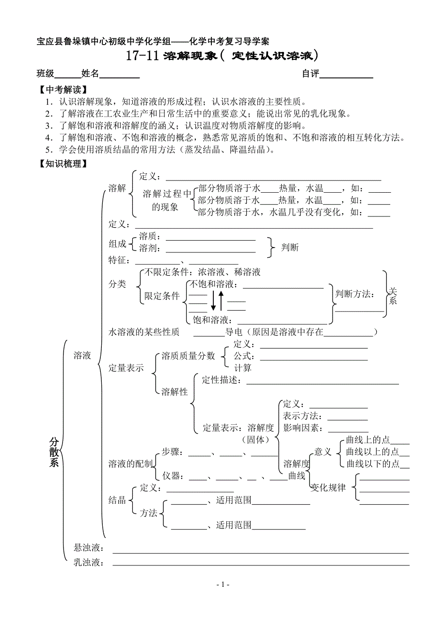 中考第一轮复习学案17-11溶解现象(定性认识溶液).doc_第1页