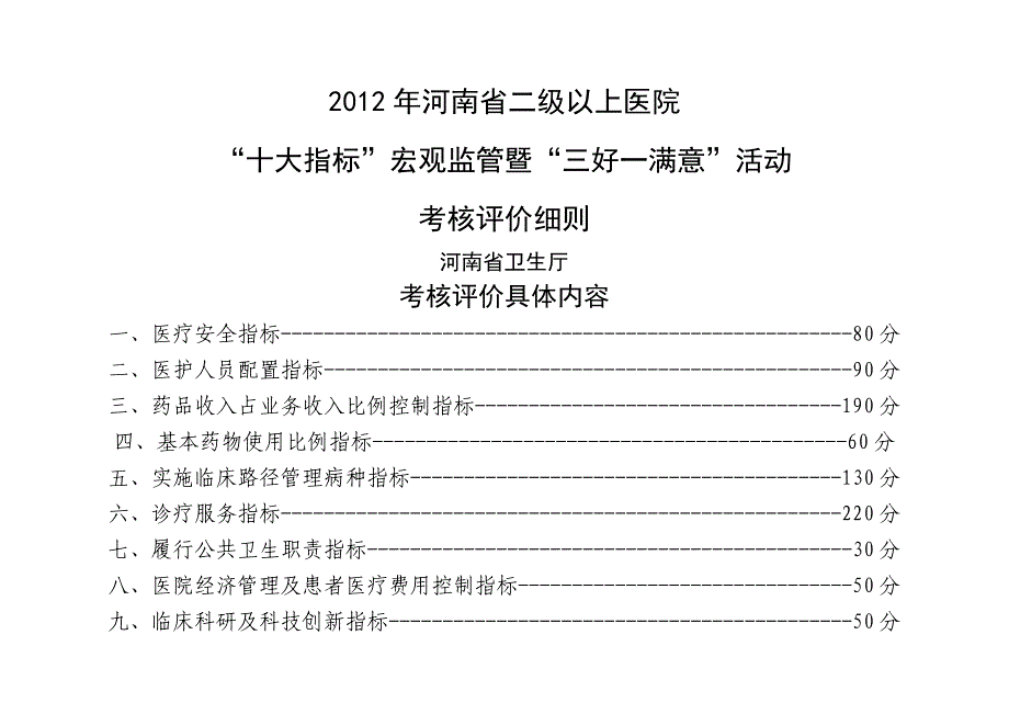 河南二级以上医院十大指标宏观监管暨三好一满意活动考核评价细则_第1页