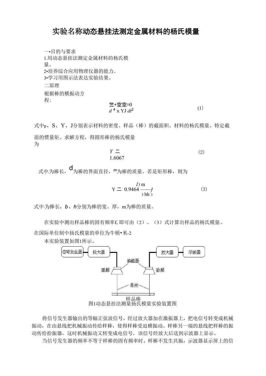 动态悬挂法测定金属材料的杨氏模量实验报告_第1页