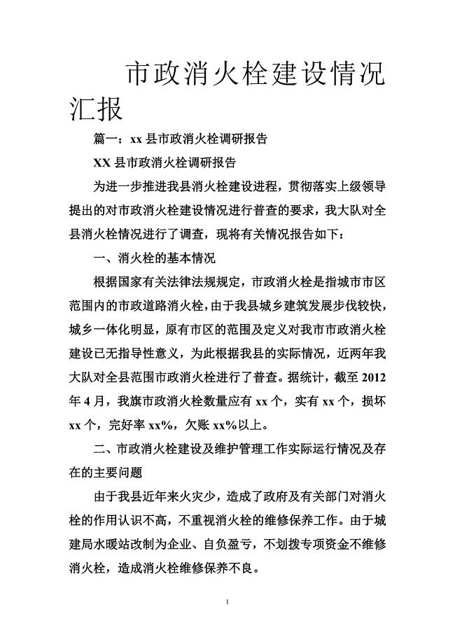 市政消火栓建设情况汇报