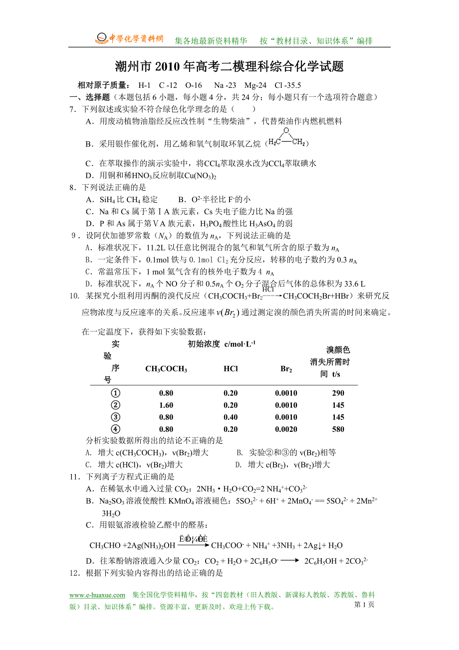 潮州市2010年高考二模理科综合化学部分试题.doc_第1页