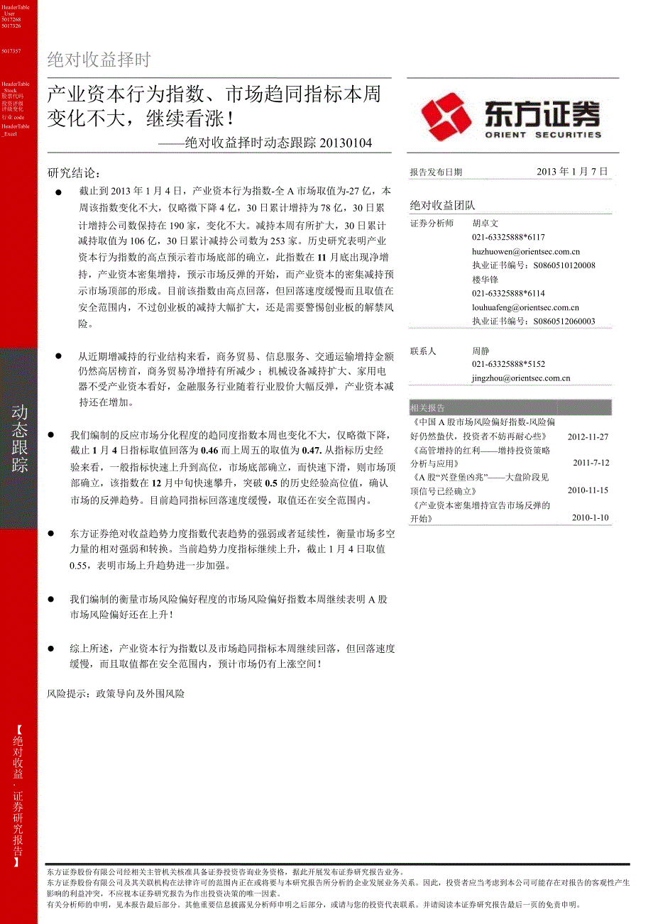 绝对收益择时动态跟踪报告产业资本行为指数和市场趋同指数本周变化不大继续看涨0107_第1页