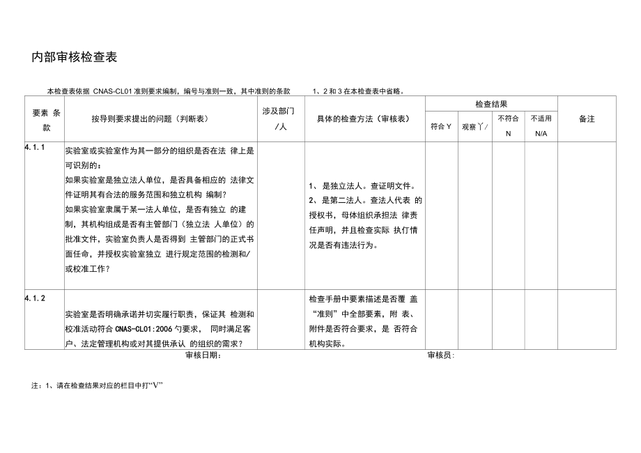 实验室CMA计量认证内审检查表_第1页