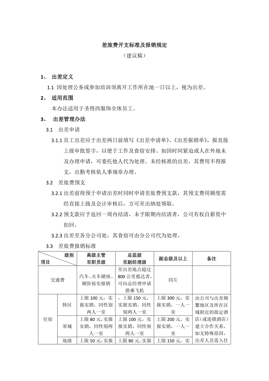 太和－圣德西薪酬—差旅费开支标准及报销规定_第1页