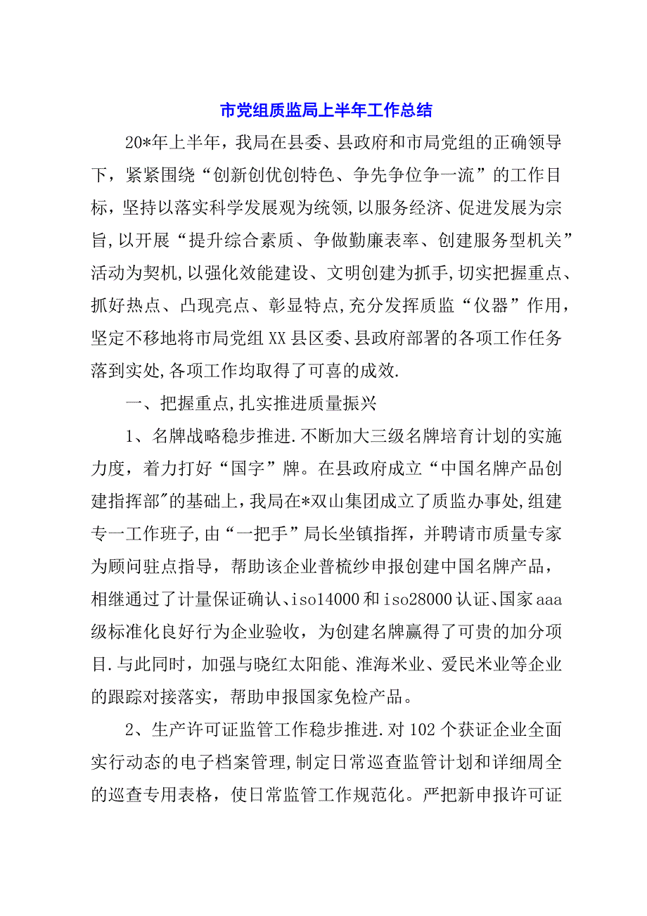 市党组质监局上半年工作总结.docx_第1页