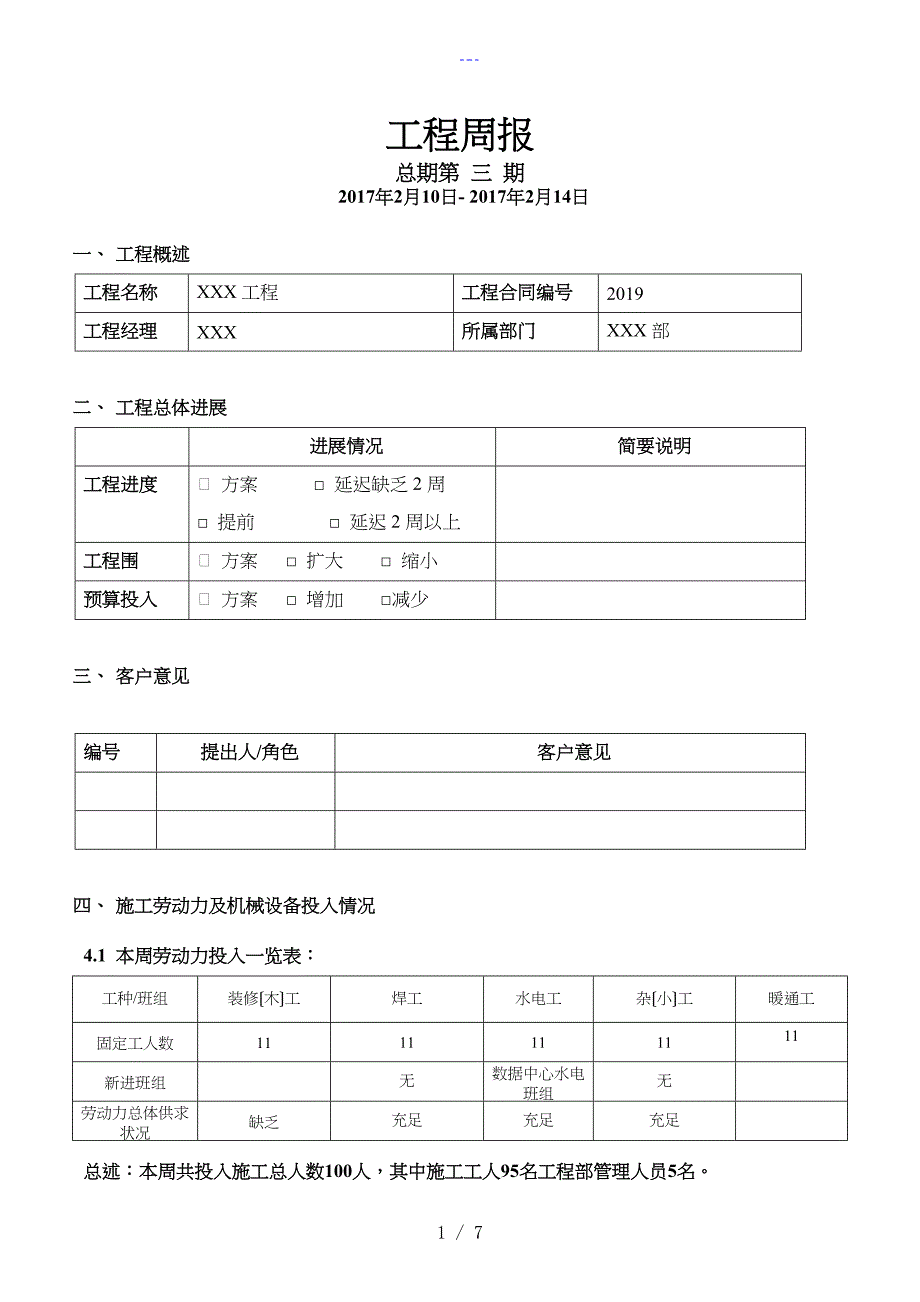 建筑智能弱电工程施工周报范文（模板韩祥林）_第1页