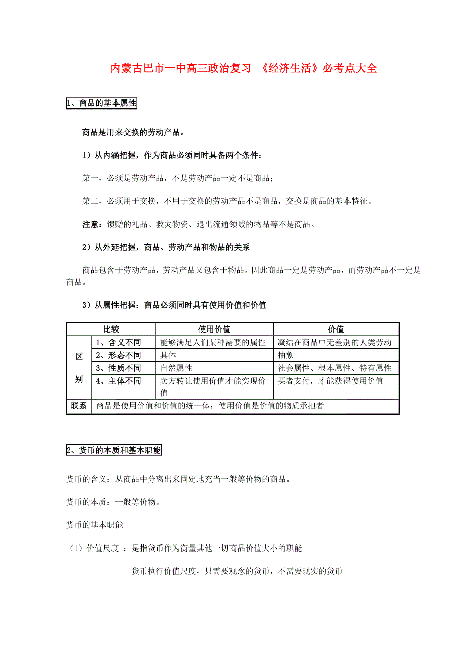 内蒙古巴市一中高三政治复习经济生活必考点大全_第1页