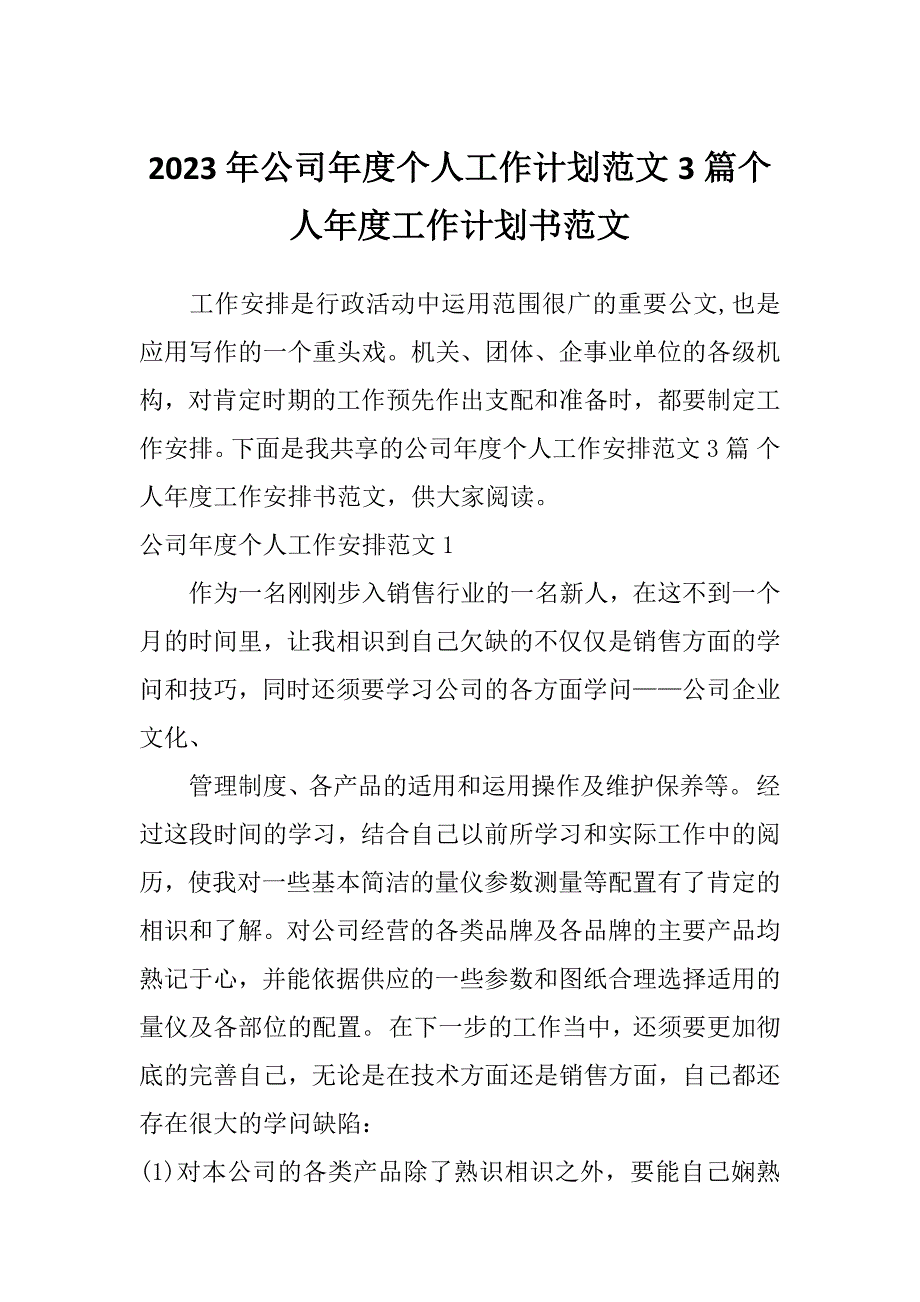 2023年公司年度个人工作计划范文3篇个人年度工作计划书范文_第1页