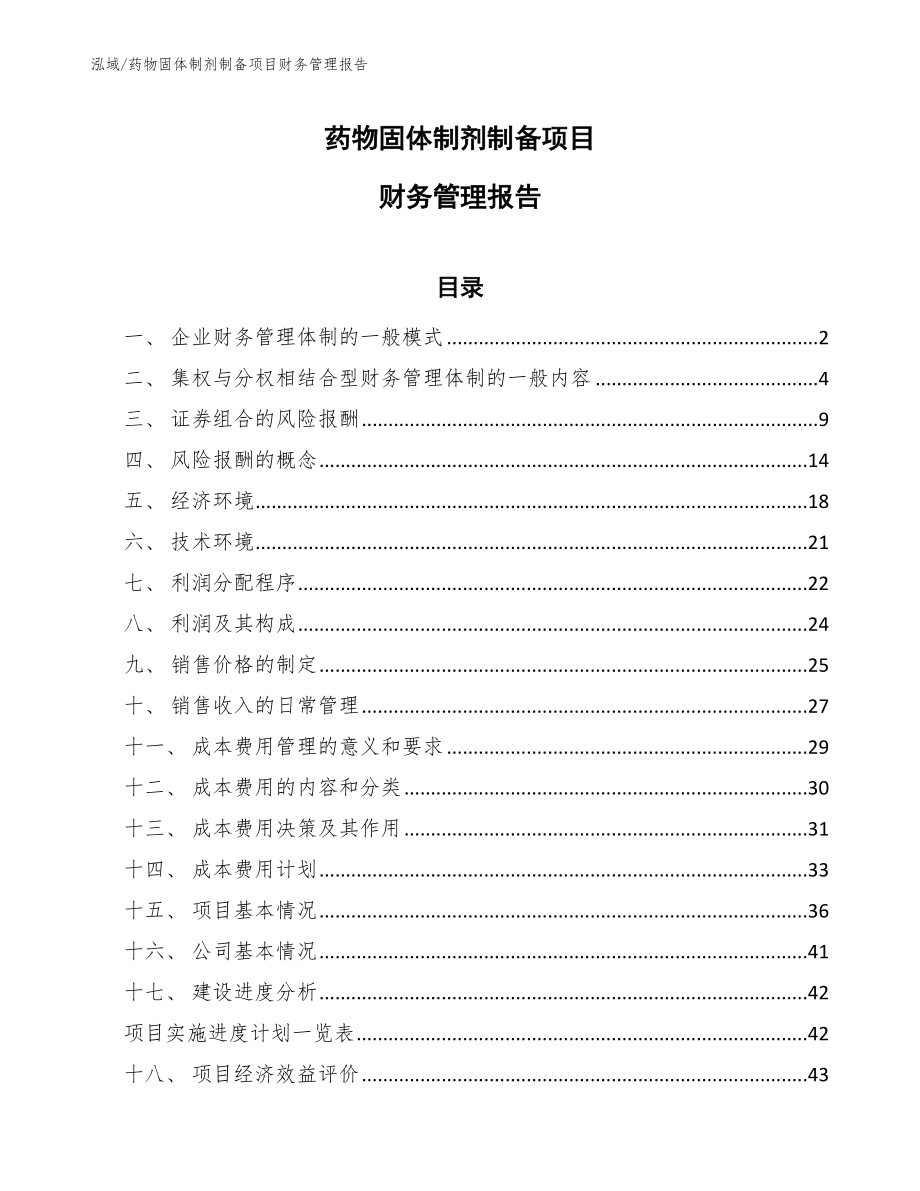 药物固体制剂制备项目财务管理报告（参考）