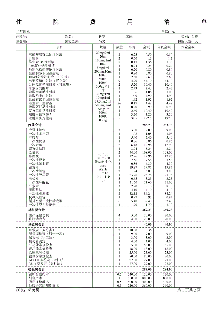 住院费用清单模板.doc_第1页